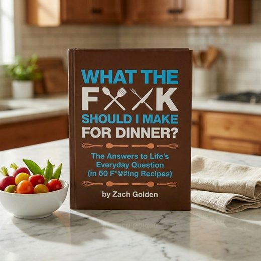 Cookbook titled What the FXX Should I Make for Dinner sits on a kitchen counter with fresh produce.