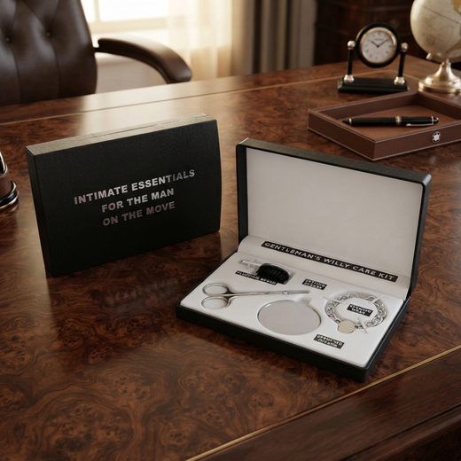 Open black vanity case filled with small grooming accessories and tools on a wooden surface.