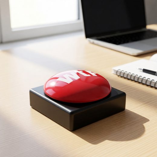Black desk gadget featuring a bright red dome button labeled WTF on a wooden surface.