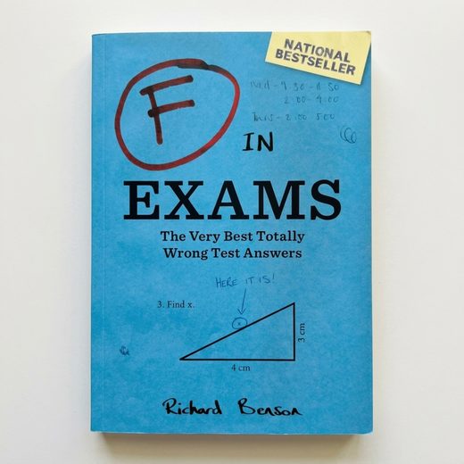 Blue exam book titled F in Exams showing a handwritten geometry problem on the cover.