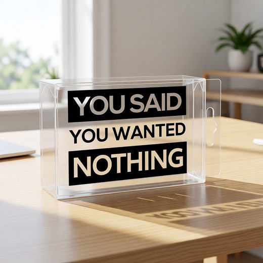 Clear rectangular storage box with bold black text reading "You Said You Wanted Nothing.