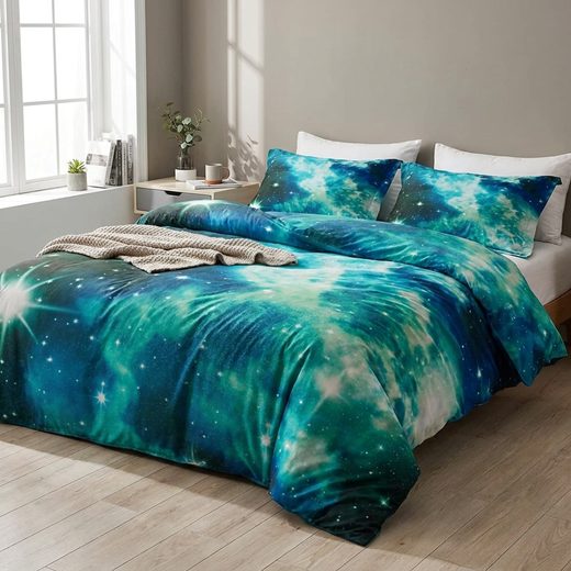 Cosmic blue and green nebula patterned duvet cover displayed on a neatly made bed.