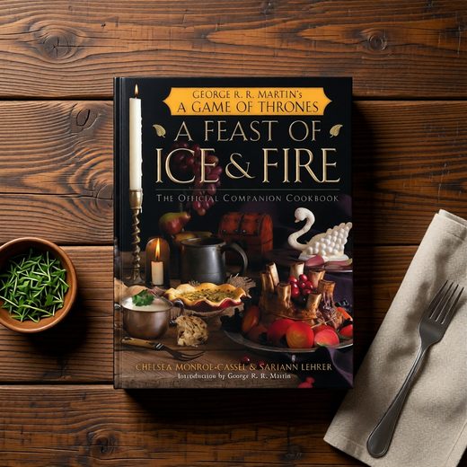 Game of Thrones cookbook featuring a feast of medieval food and dramatic table setting.