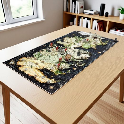 Detailed 4D Westeros map puzzle spread out on a light wooden table surface.