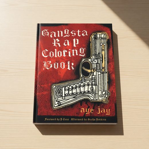 Red coloring book cover with a detailed illustration of a stylized gun and bold text.