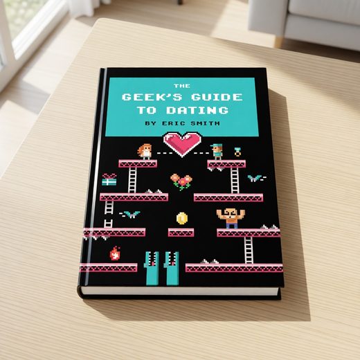 Pixel art cover of a book titled The Geek's Guide to Dating, featuring retro gaming characters and hearts.