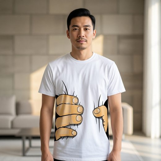 White t-shirt with a graphic print of oversized tan hands squeezing the wearer's torso.