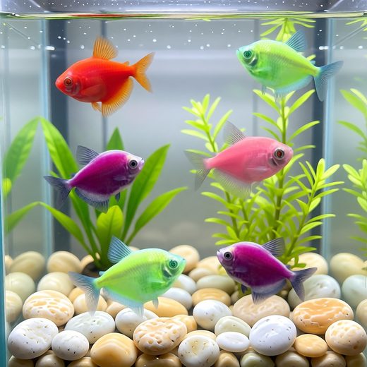 Vibrant neon tetra fish swimming through aquatic plants in a clear glass aquarium tank.