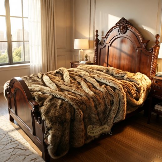 Thick faux fur bedspread patterned like a wolf pelt draped over a dark wooden bed frame.