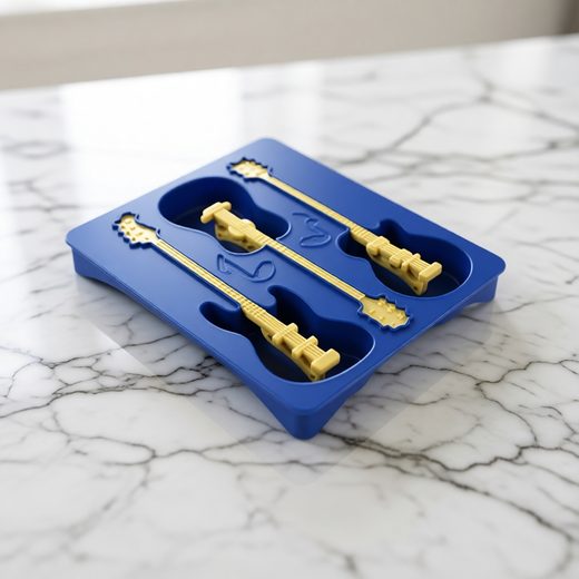 Three guitar-shaped molds set in a bright blue silicone ice tray.