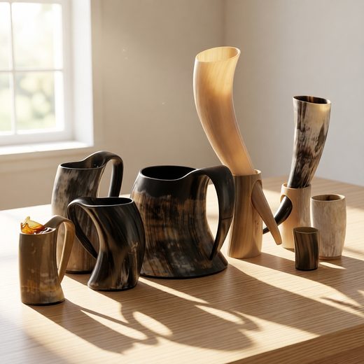 Group of handcrafted ox horn Viking drinking horns in natural brown and beige tones.