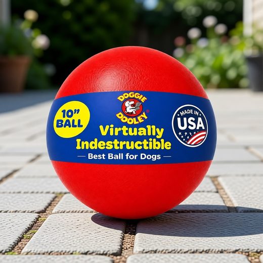 Large red plastic dog ball with white and yellow lettering, labeled "Virtually Indestructible.