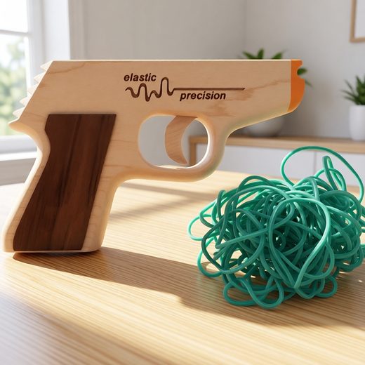 Hardwood pistol-style rubber band gun with engraved text and a pile of green elastic bands