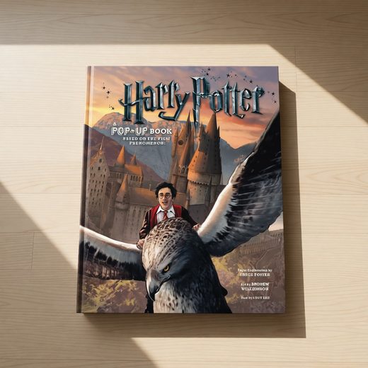 Harry Potter pop-up book cover illustration of Hogwarts castle and a winged figure.