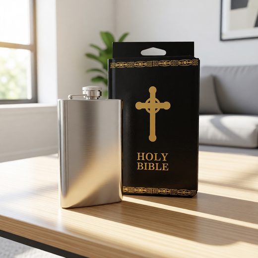 Stainless steel flask displayed next to a black gift box featuring a gold cross and holy bible text.