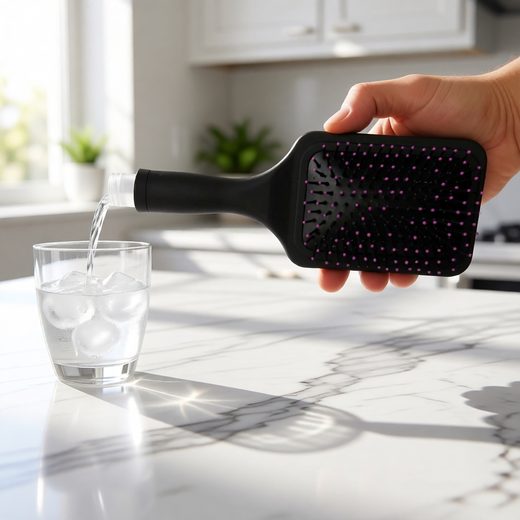 Black paddle hairbrush with pink bristles held over a glass of water.