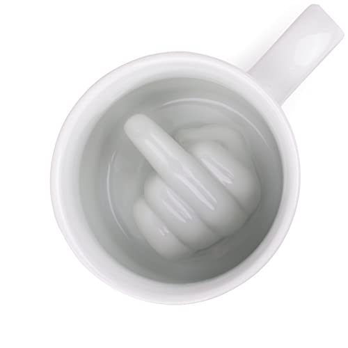 White ceramic mug with a hidden three-finger gesture visible inside the cup.