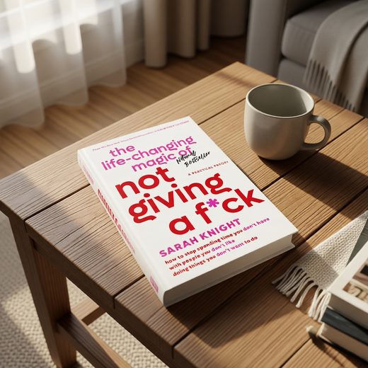 The book titled Not Giving a F*ck lying on a wooden coffee table beside a white mug.