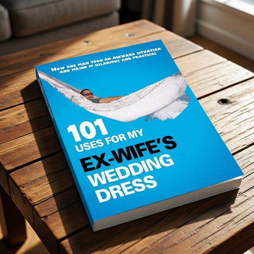 Hardcover blue book featuring a person in a white wedding dress on a rustic wooden surface.