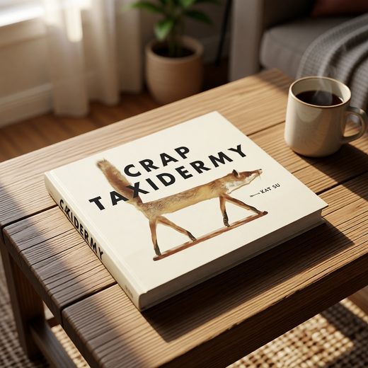 Hardcover Crap Taxidermy book with a humorous illustration of a fox standing on a wooden stand.