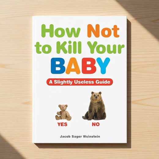 Humorous parenting guide book titled How Not to Kill Your Baby featuring a teddy bear and a wild bear.