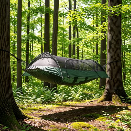 Green and black hammock tent suspended between tall trees in a dense forest.