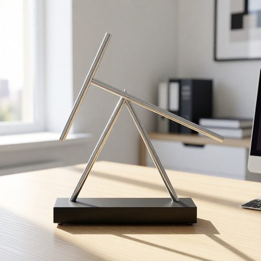Geometric silver kinetic sculpture with suspended rods on a modern black display base.