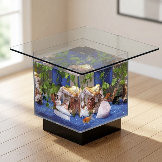 Clear glass end table housing a vibrant illuminated aquarium with blue gravel and fish.