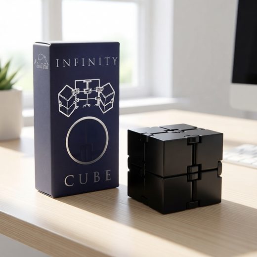 Black infinity cube fidget toy displayed next to its branded dark blue packaging box.