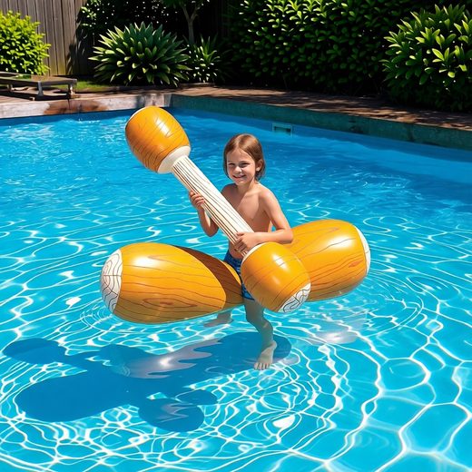A smiling boy in a swimming pool interacting with large inflatable jousting logs.