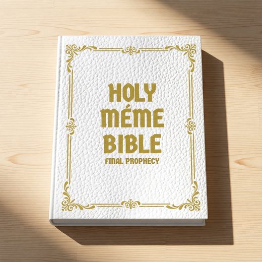 Textured white book titled Holy Meme Bible, featuring ornate gold lettering and design.
