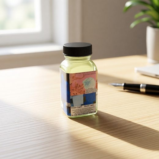 Small glass bottle of ghost ink labeled for white light and blacklight activation.