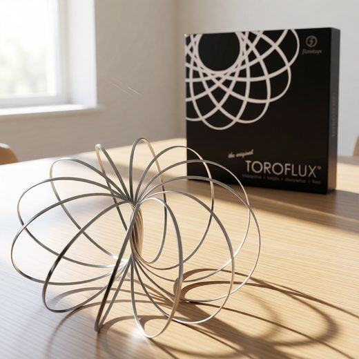Geometric silver kinetic slinky sculpture composed of interconnected metal rings on a wooden table.