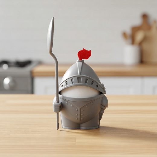 Medieval knight egg holder in gray armor, featuring a red crest and a matching spoon.