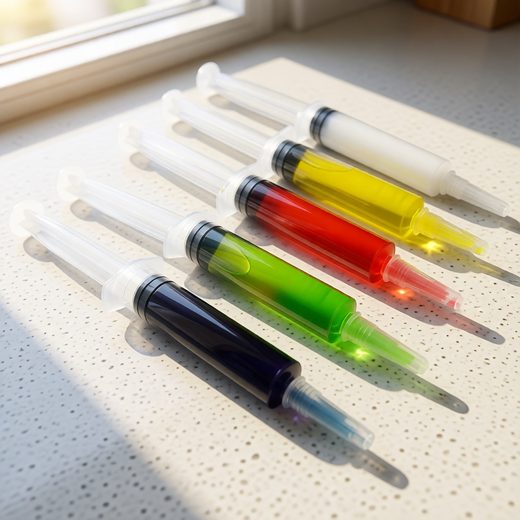 Assortment of clear syringes filled with brightly colored liquids, lined up on a white surface.