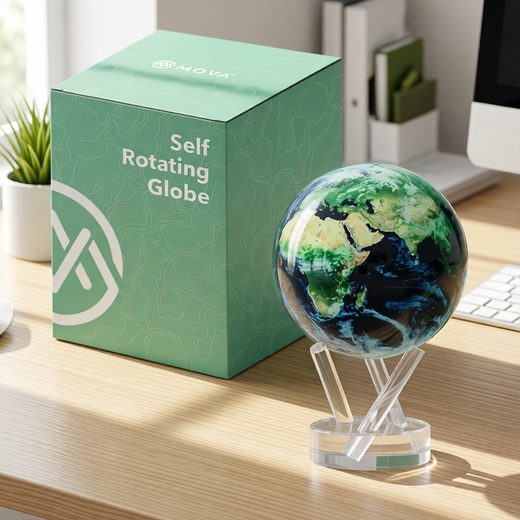 Detailed blue and green self-rotating globe displayed next to its matching green packaging box.