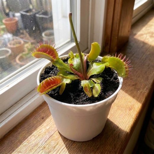 Healthy Venus Flytrap plant with striking red and green traps sitting in a white pot.