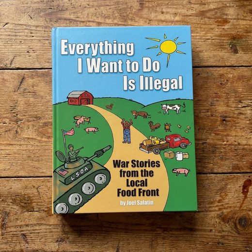 Illustrated book cover showing a whimsical farm scene with a tank, red barn, and bright sun.