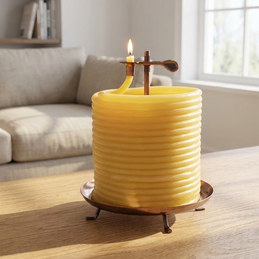 Spiral yellow beeswax candle glowing with a flame on a rustic copper metal stand.