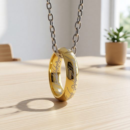 Gold-plated One Ring replica pendant featuring engraved details on a chain.