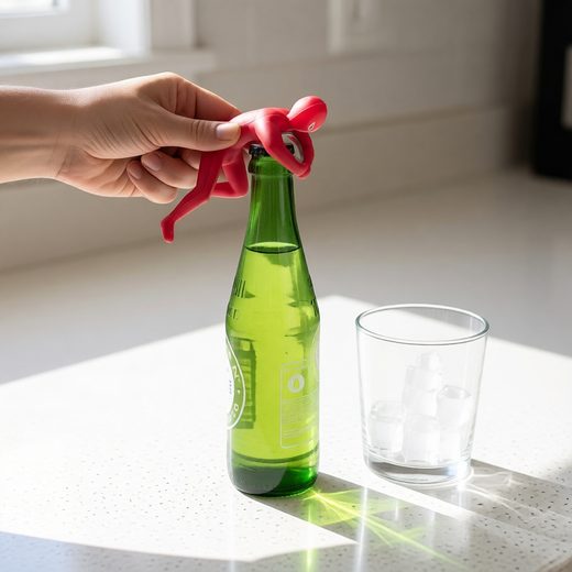 Red luchador wrestler bottle opener being used on a bright green glass bottle.