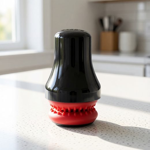 Sleek black bottle scrubber with a red bristled base for cleaning narrow vessels.