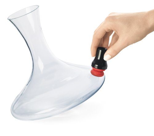 Magnetic scrubber tool inside a clear glass wine decanter for cleaning narrow vessels