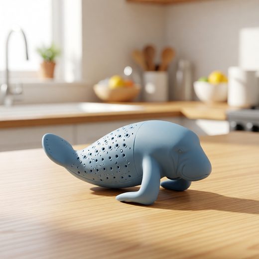 Light blue manatee shaped silicone tea infuser resting on a clean wooden kitchen counter.