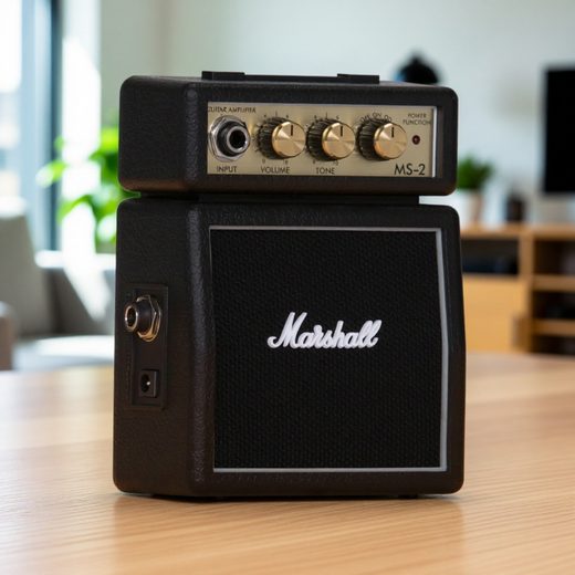 Compact black Marshall MS2 pocket guitar amplifier with controls and speaker grille.