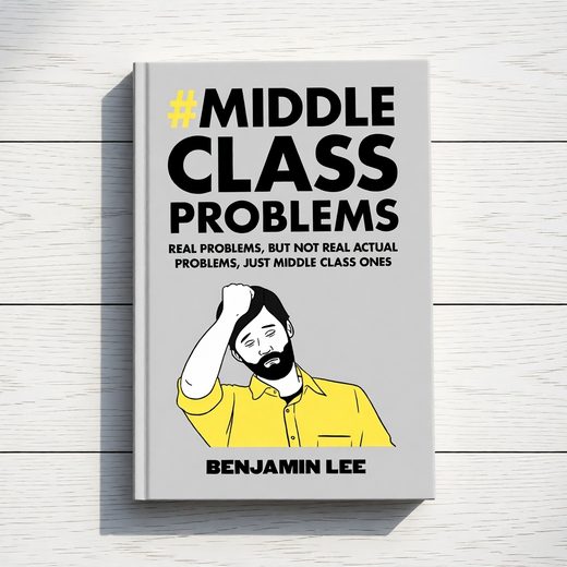 Humorous book cover titled Middle Class Problems showing a man in a yellow shirt holding his head.