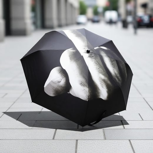 Black novelty umbrella displaying a large, realistic middle finger gesture on the fabric canopy