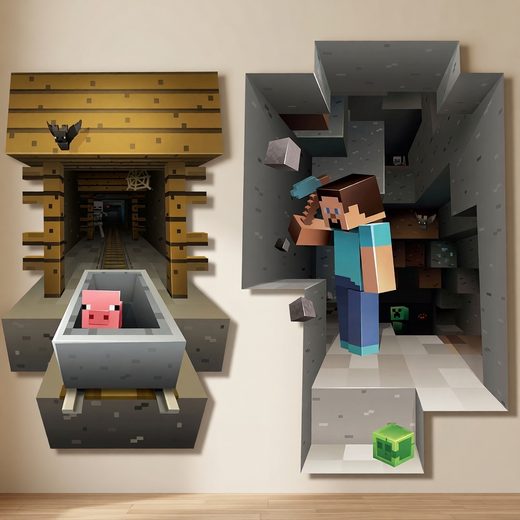 Minecraft themed wall decals showing Steve in a cavern and a pig in a wooden mine.