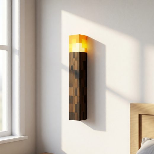 Pixelated brown wall torch light fixture with a blocky design and glowing yellow top.