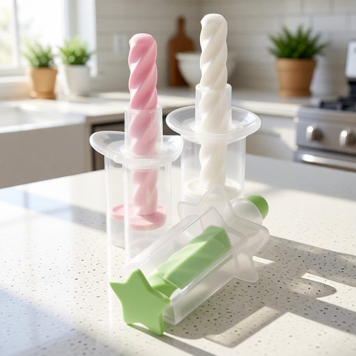 Clear plastic ice cream sandwich maker molds featuring pink, white, and green swirl attachments.